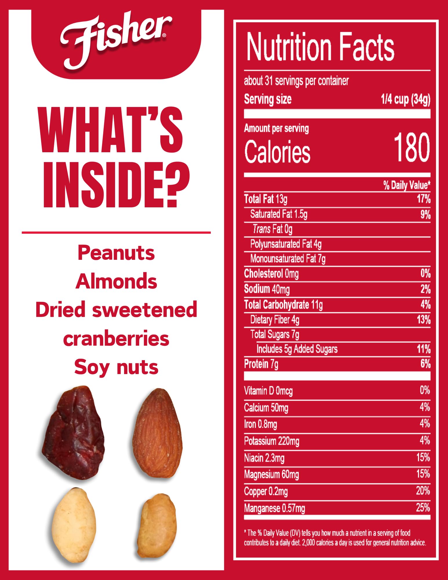 Fisher Snack Hunger Fighter Bulk Trail Mix, 38 oz (Pack of 1), Peanuts, Almonds, Dried Sweetened Cranberries and Soy Nuts, Snacks for Adults and Kids