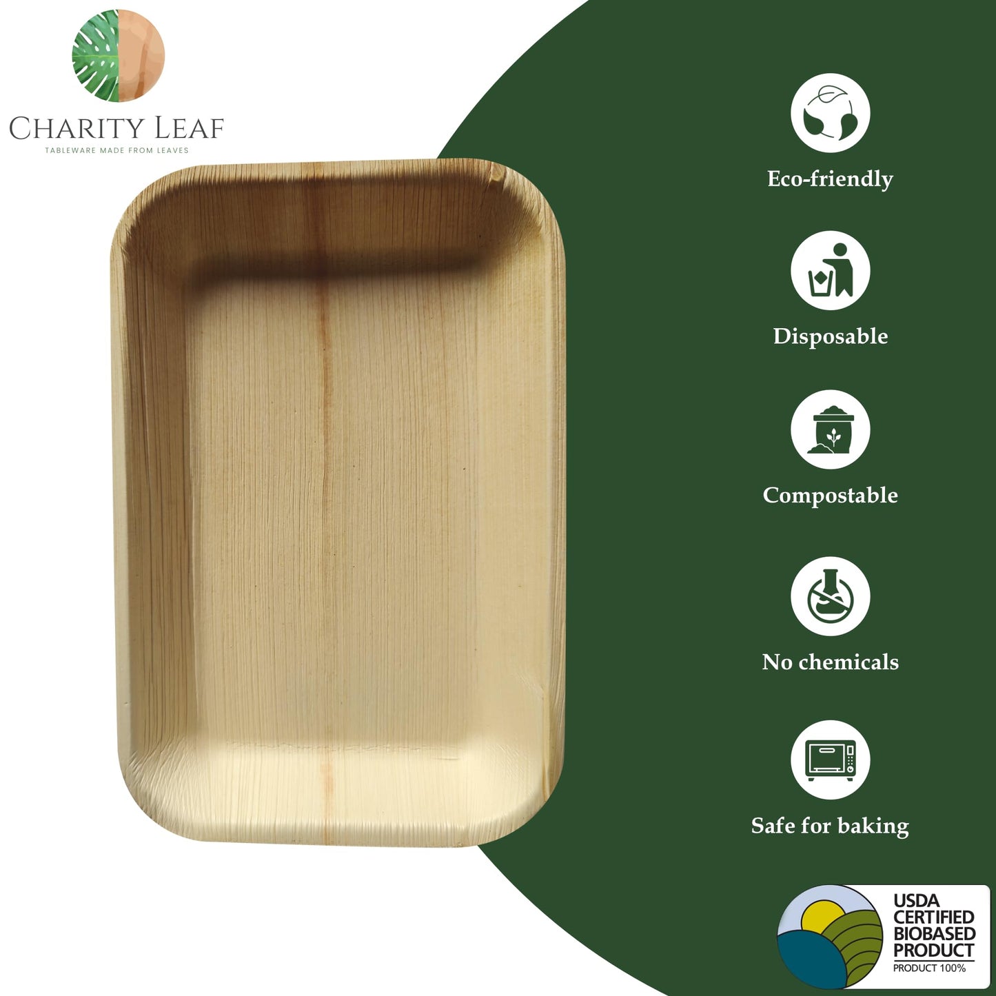 Charity Leaf Eco-Friendly Palm Leaf Trays - 9"x6" (25-Pack) | Elegant Bamboo-Inspired Platters | Premium Quality, Biodegradable | Perfect