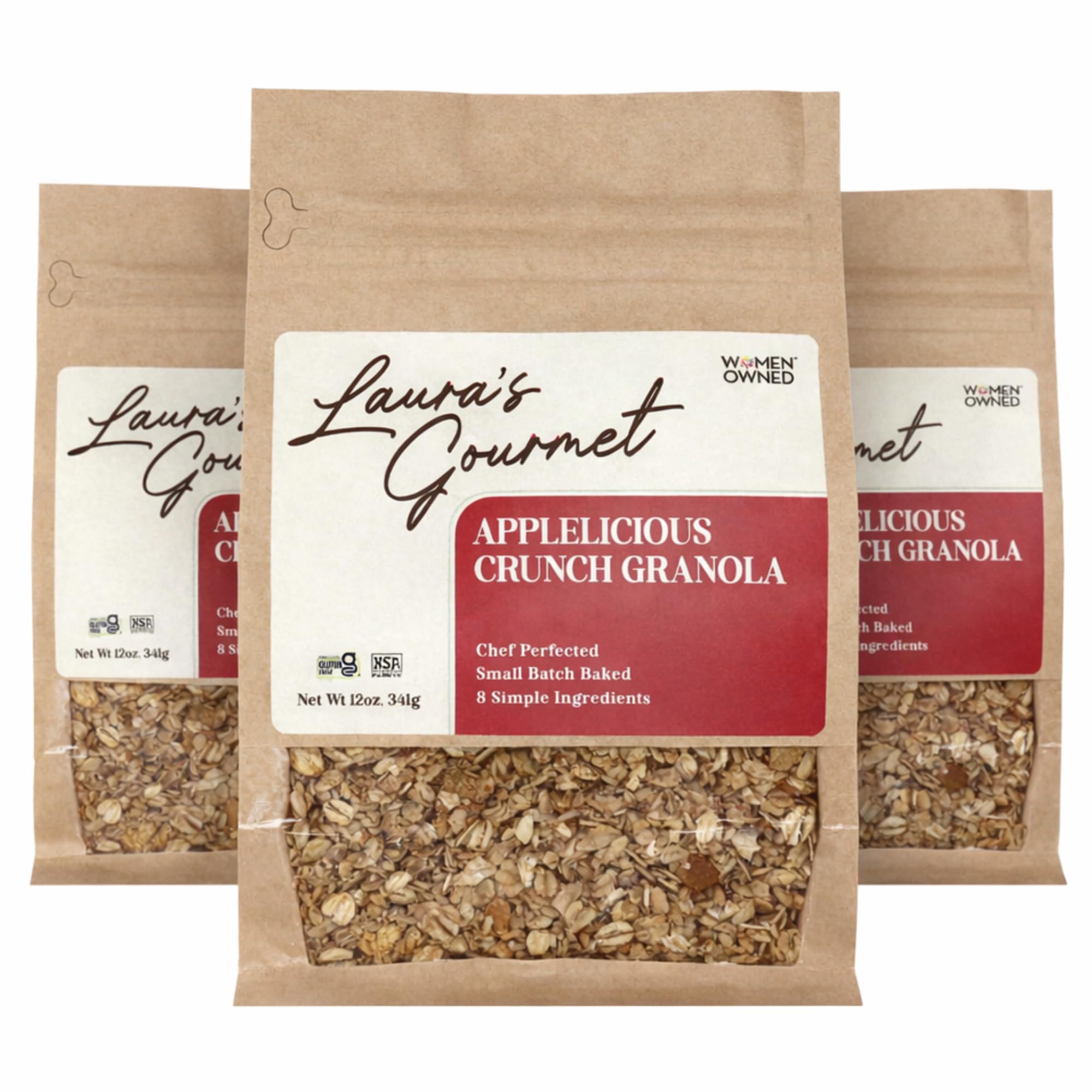 Laura's Gourmet Granola AppleLicious Crunch, 12 oz - 3 packs, Gluten-Free Oats, Vegan, Dairy & Soy Free Snack, Organic Agave, Cinnamon Diced Apples