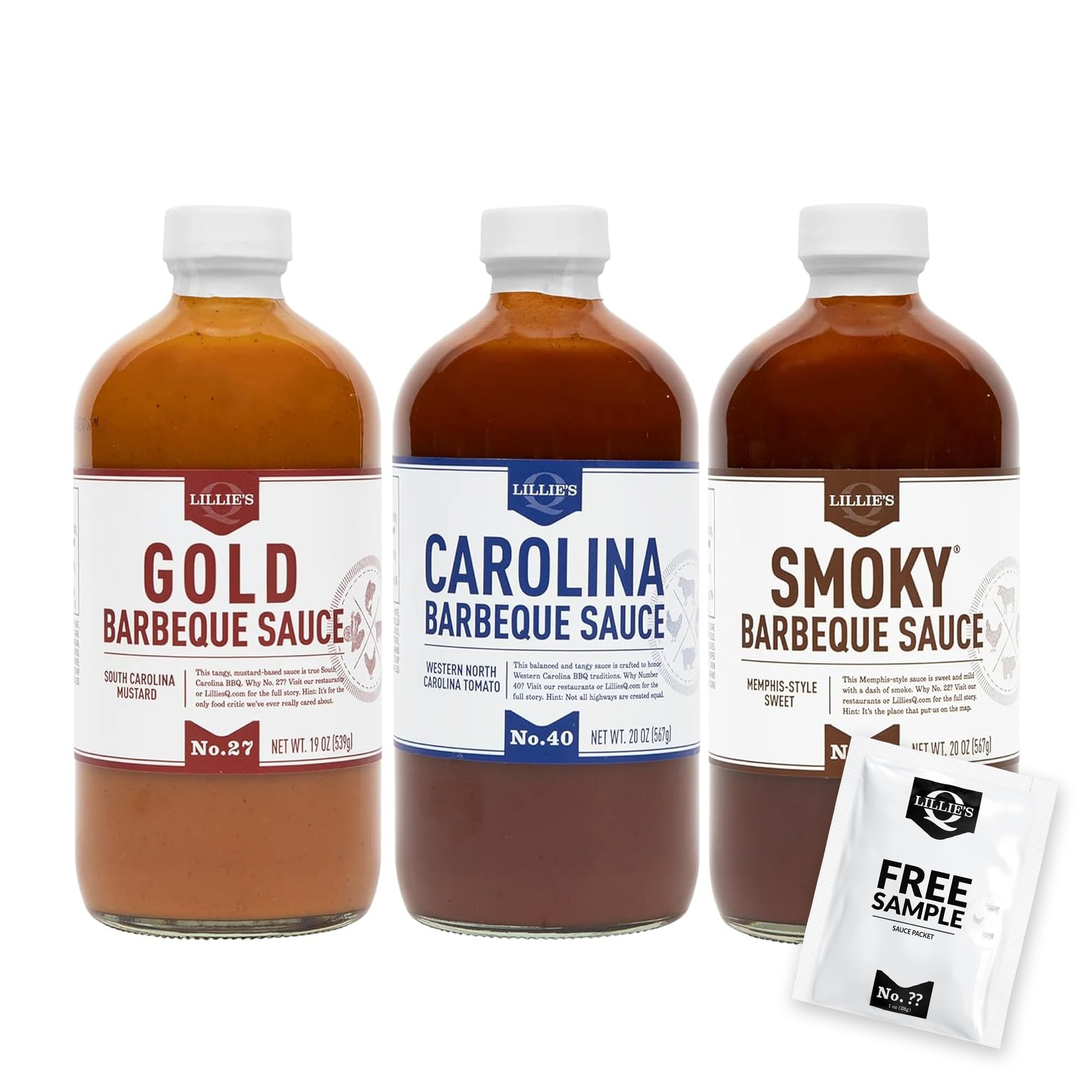 Lillie’s Q - Barbeque Sauce Variety Pack, Gourmet BBQ Sauce Set, Made with Gluten-Free Ingredients, Includes Carolina BBQ Sauce (20 oz), Gold BBQ
