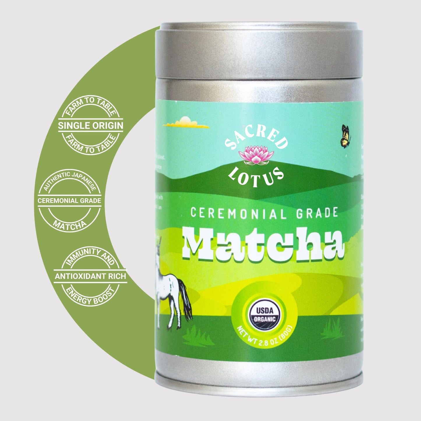 Sacred Lotus USDA Organic Matcha Green Tea Powder Tin (80 Grams) | Premium Single Origin Japanese Matcha Powder | Authentic Ceremonial Grade
