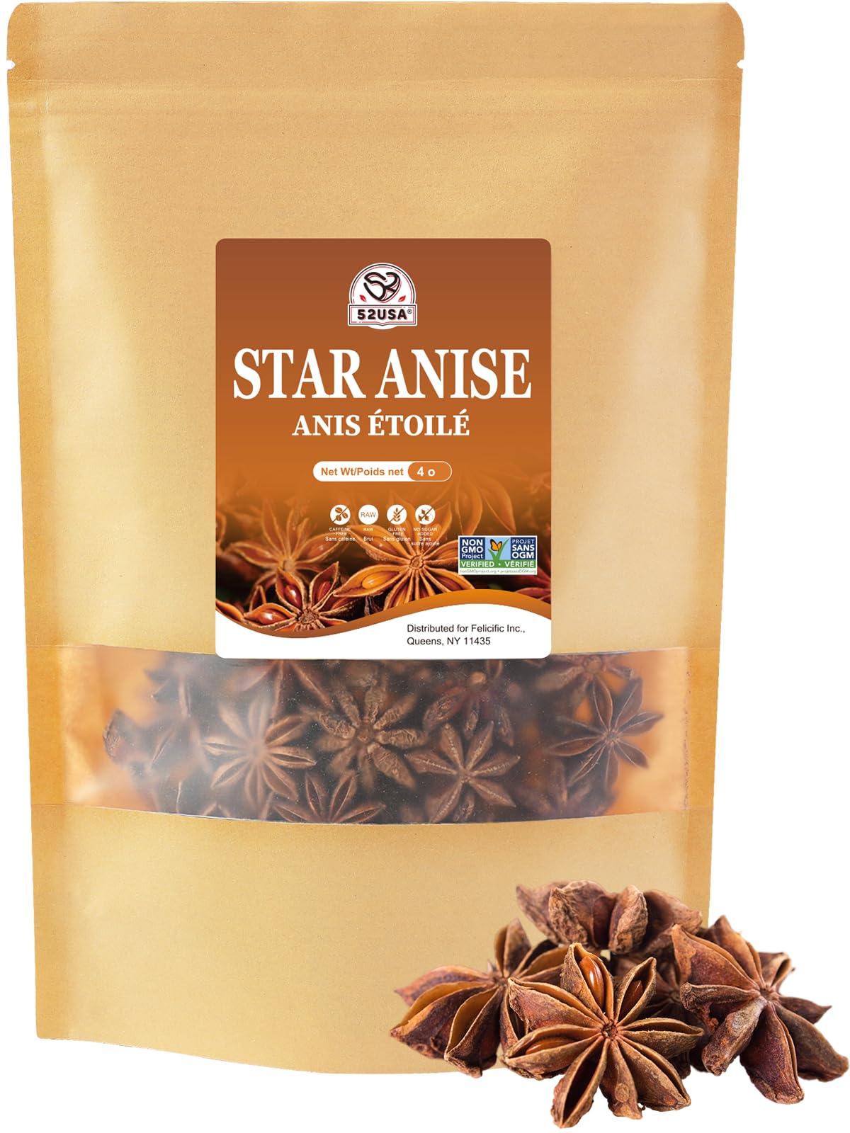 52USA Star Anise Whole, 4 Ounce (Pack of 1), NON-GMO Verified Chinese Star Anise Whole, Dried Star Anises Pods for Tea and baking