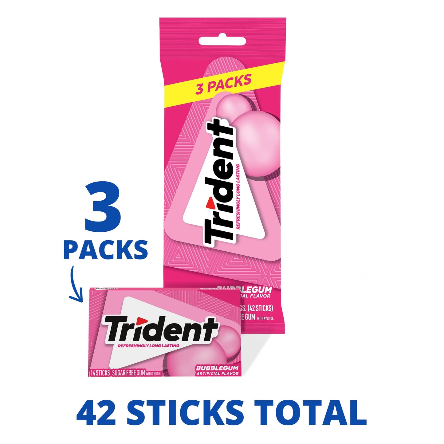 Trident Bubblegum Sugar-Free Chewing Gum, 3 Packs of 14 Pieces (42 Total Pieces)