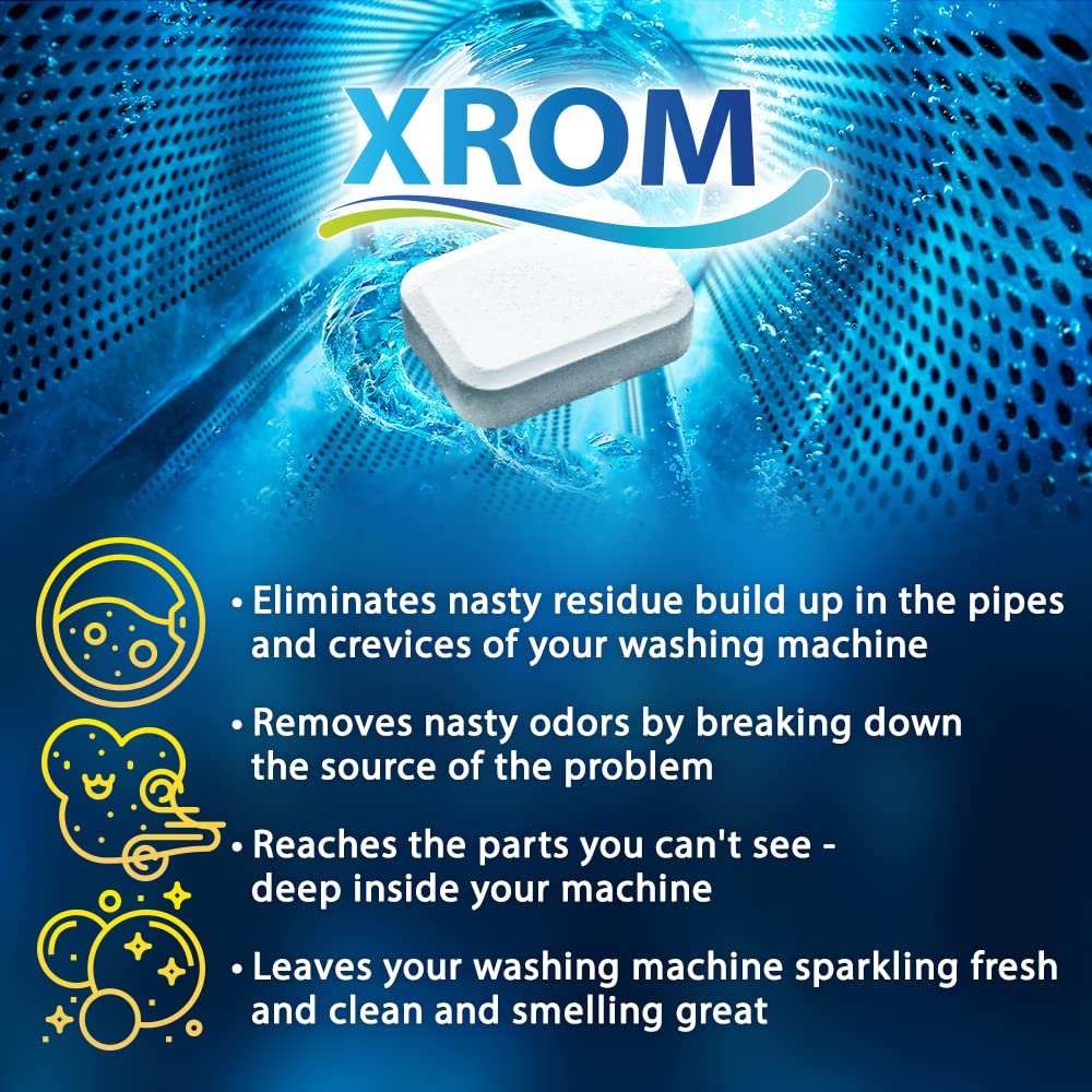 XROM Plant Based, Washer Cleaner And Descaler, Removes Odors, Limescale & Detergent Build-Up, Removes Hard Water Stains, For Front and Top Load, 6 Per