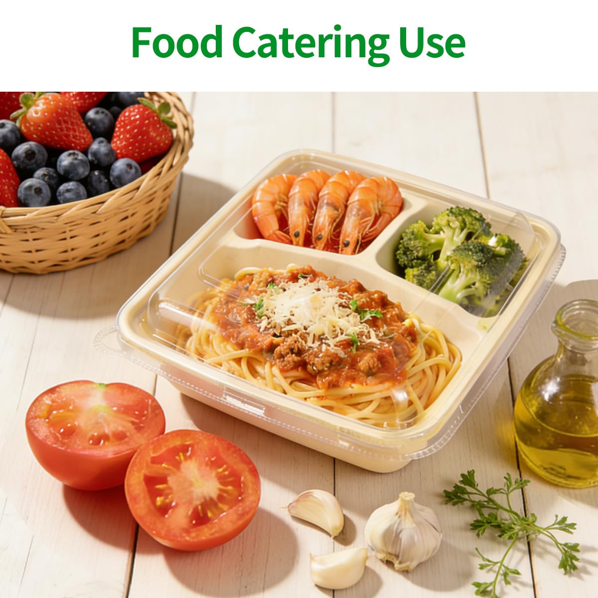 bloomoon 3 Compartment 8x8 inch Take Out Lunch Box Containers with Lids, Disposable 3 Compartment Meal Prep Bento Box Containers, 50 Bowls 50 Lids