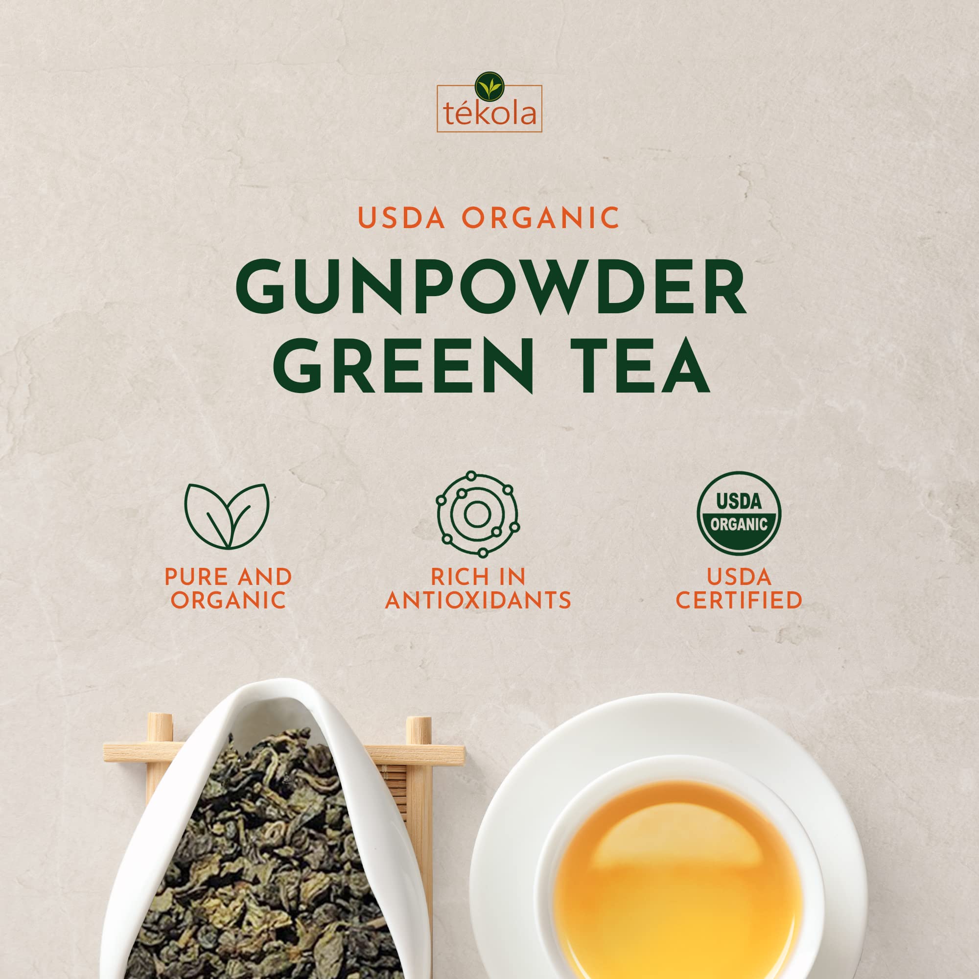 tekola Tea Co. - Organic Gunpowder Green Tea, Grown, Processed and Packed in Ceylon, loose leaf - 16 ounces