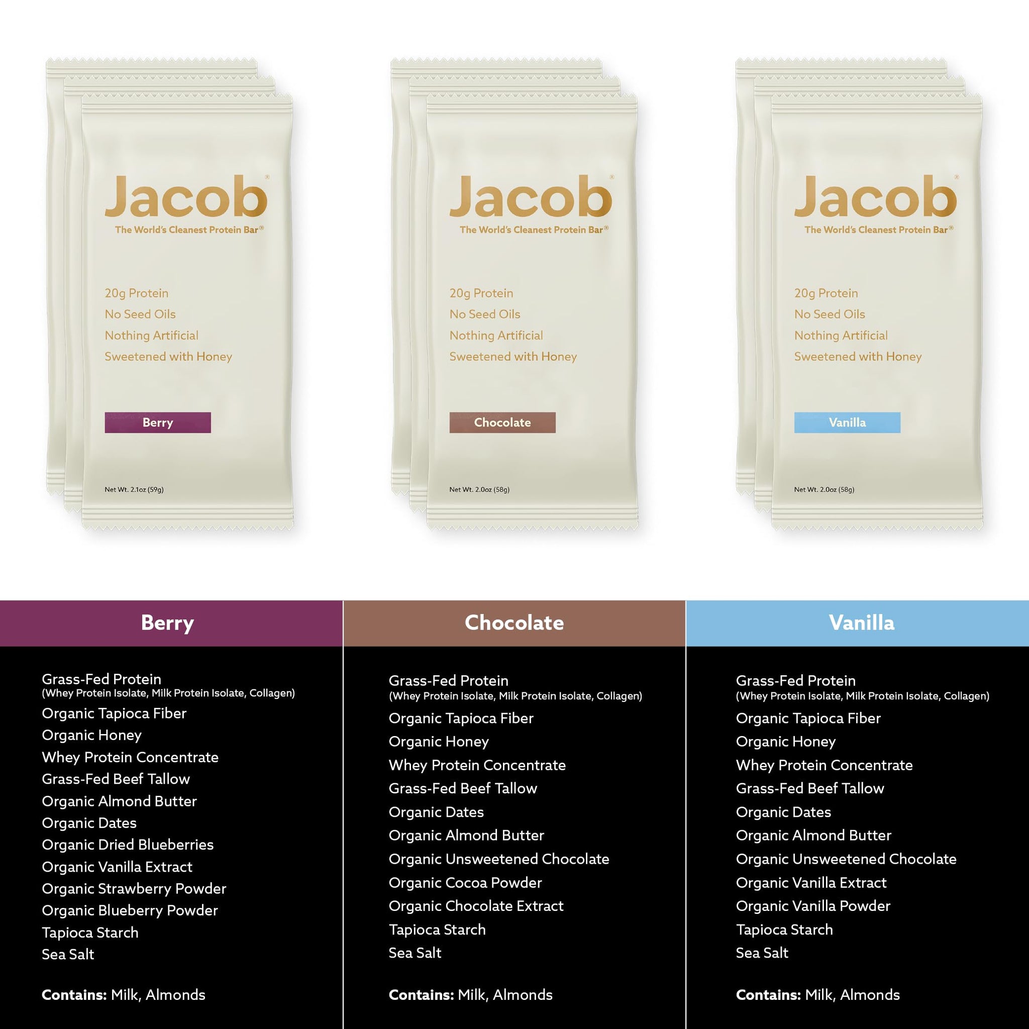 Jacob Bar, Protein Bars, Variety Pack (9 Bars Total) Contains 3 of Each; Chocolate, Vanilla, Berry - 20g Grass-Fed Protein, No Seed Oils, Nothing