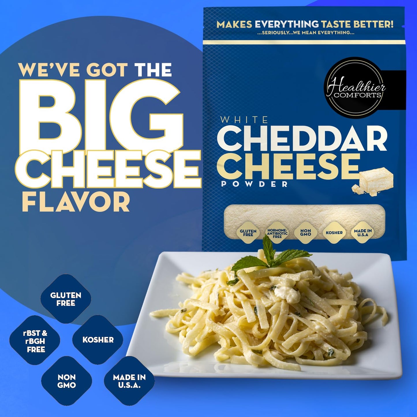 Healthier Comforts White Cheddar Cheese Powder | Gluten Free, Kosher, Keto-Friendly, Non-GMO, Antibiotic & Hormone Free | Perfect for Popcorn