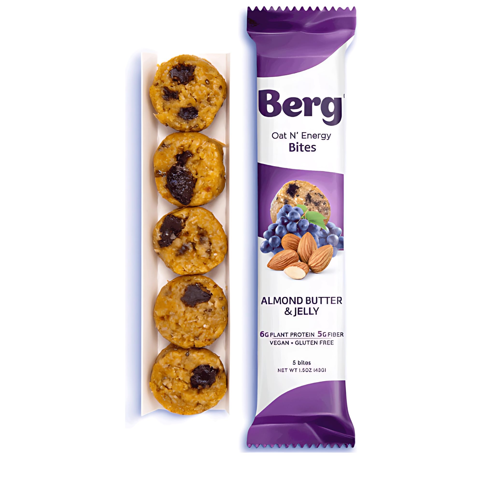 Berg Bites Plant-Based Almond Butter & Jelly Bites, Vegan, Gluten-Free, 6g Protein, 5g Fiber, Energy Snack Box - Clean Energy Healthy Snack Bar