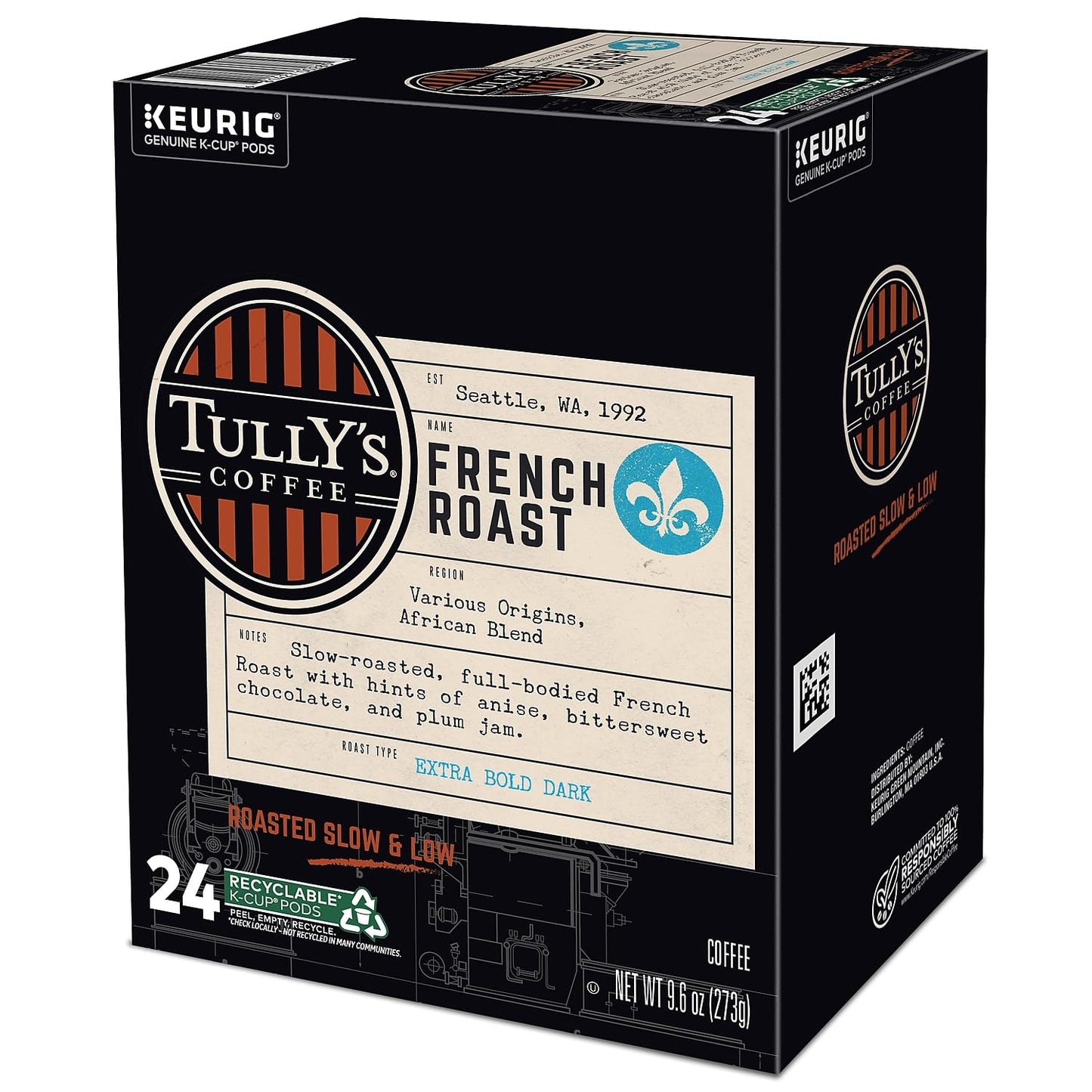Tully's Coffee French Roast Extra Bold, K-Cup for Keurig Brewers 72 Count