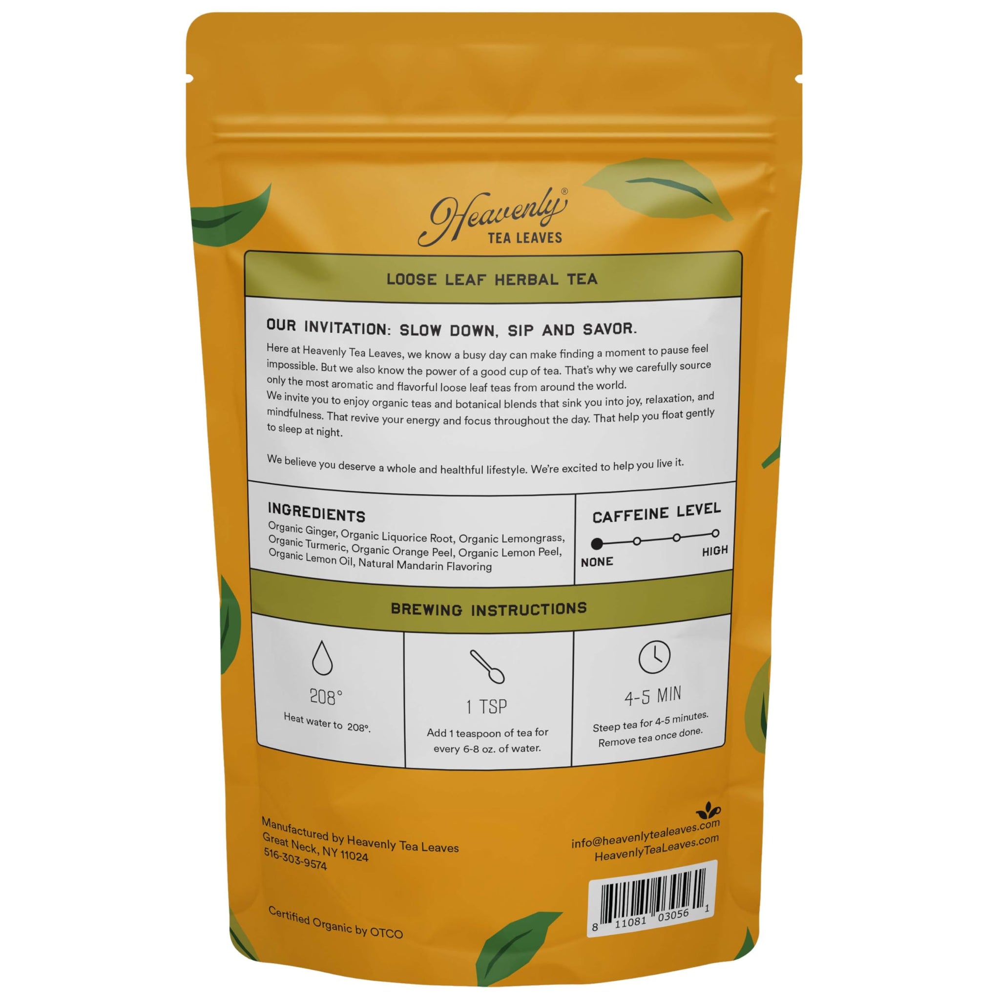 Heavenly Tea Leaves Organic Turmeric Ginger, Bulk Loose Leaf Herbal Tea, 1 Lb. (Approx. 200 Servings) - Naturally Caffeine Free, Inflammation