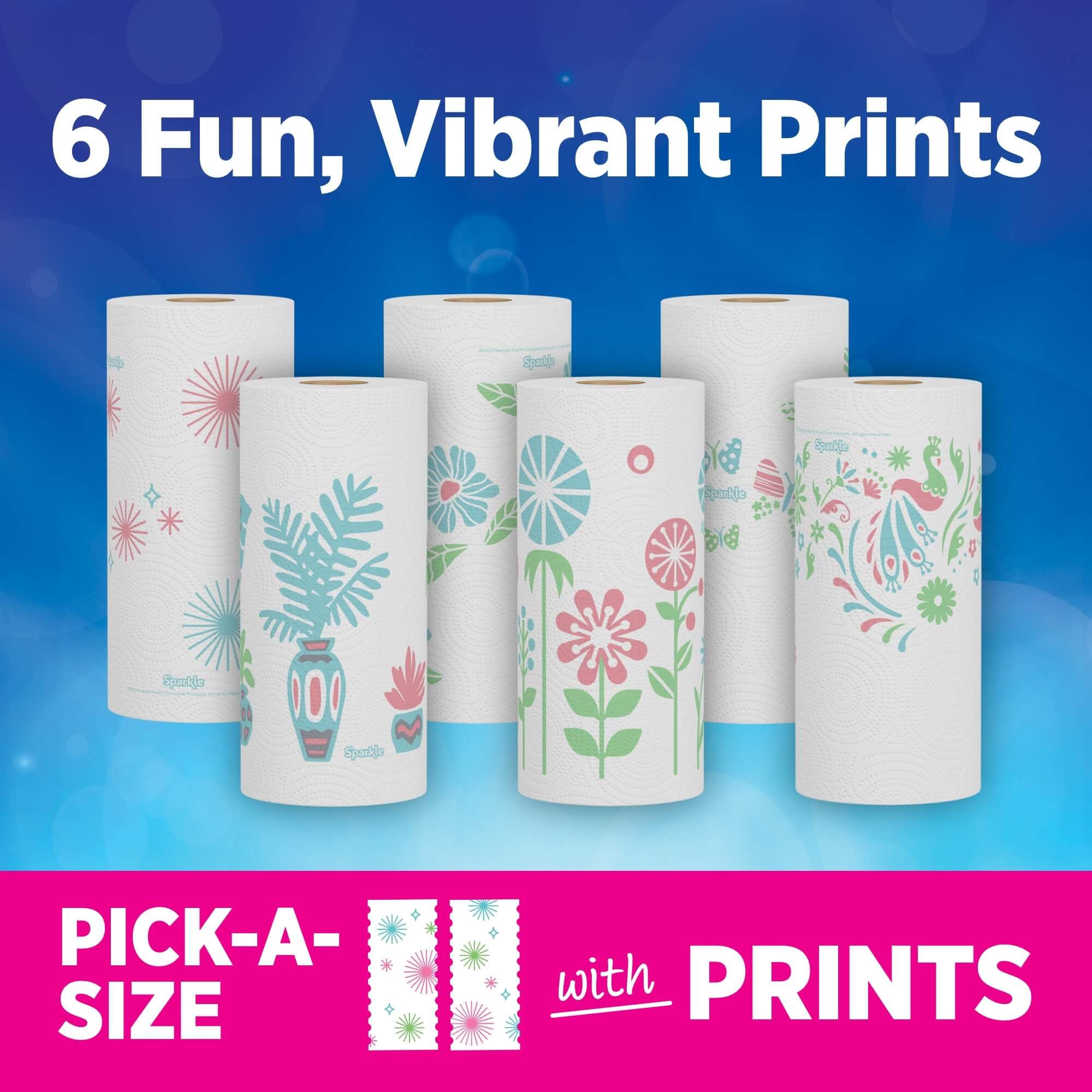 Sparkle Pick-A-Size Paper Towels, Spirited Print Design, 6 Double Rolls (660 Sheets Total) - Strong 2-Ply Towels for Kitchen Cleanup and Everyday