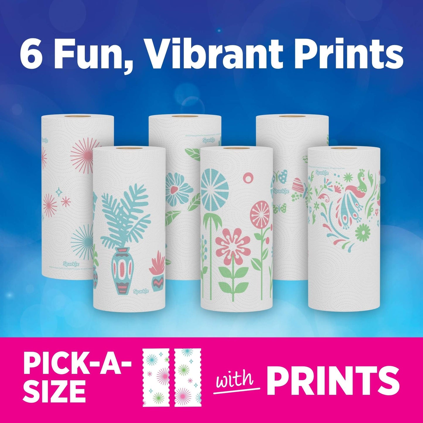 Sparkle Pick-A-Size Paper Towels, Spirited Prints, 2 Double Rolls, Strong 2 Ply Towels for Kitchen Cleanup and Everyday Messes