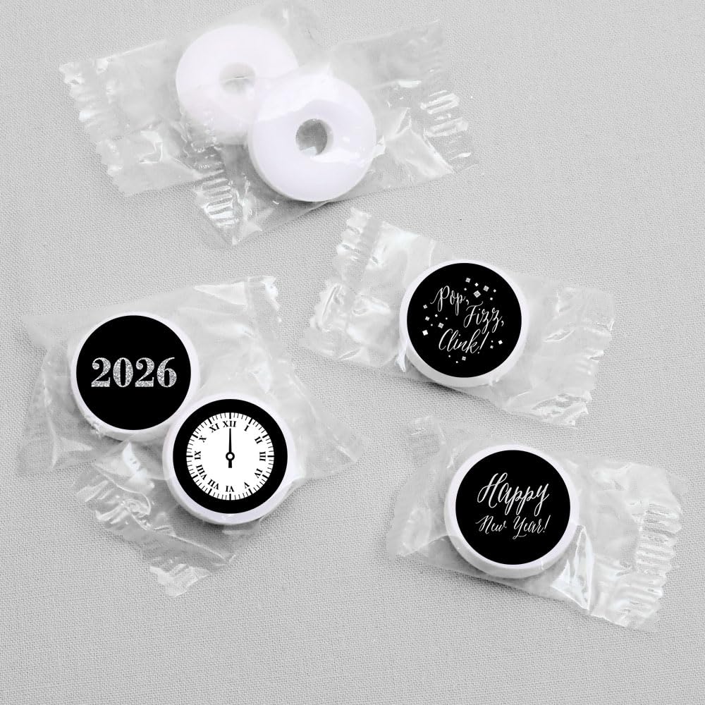 Big Dot of Happiness New Year's Eve - Silver - 2026 New Years Eve Party Round Candy Sticker Favors - Labels Fit Chocolate Candy (1 Sheet of 108)