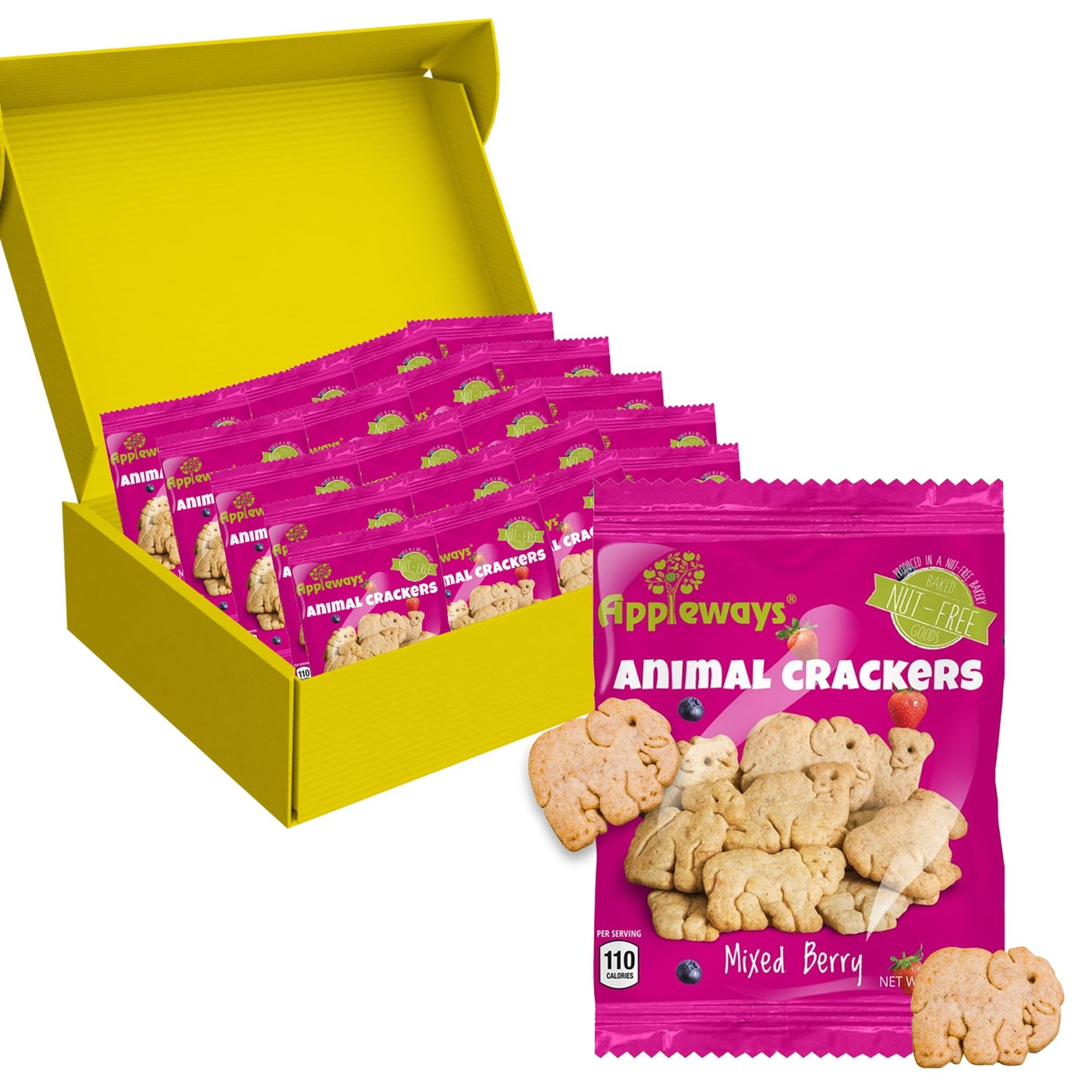 Appleways Mixed Berry Animal Crackers Snack Packs, 0.9 oz, 20 Count - Crispy Whole Grain Crackers, Individually Wrapped Snacks for School, Office