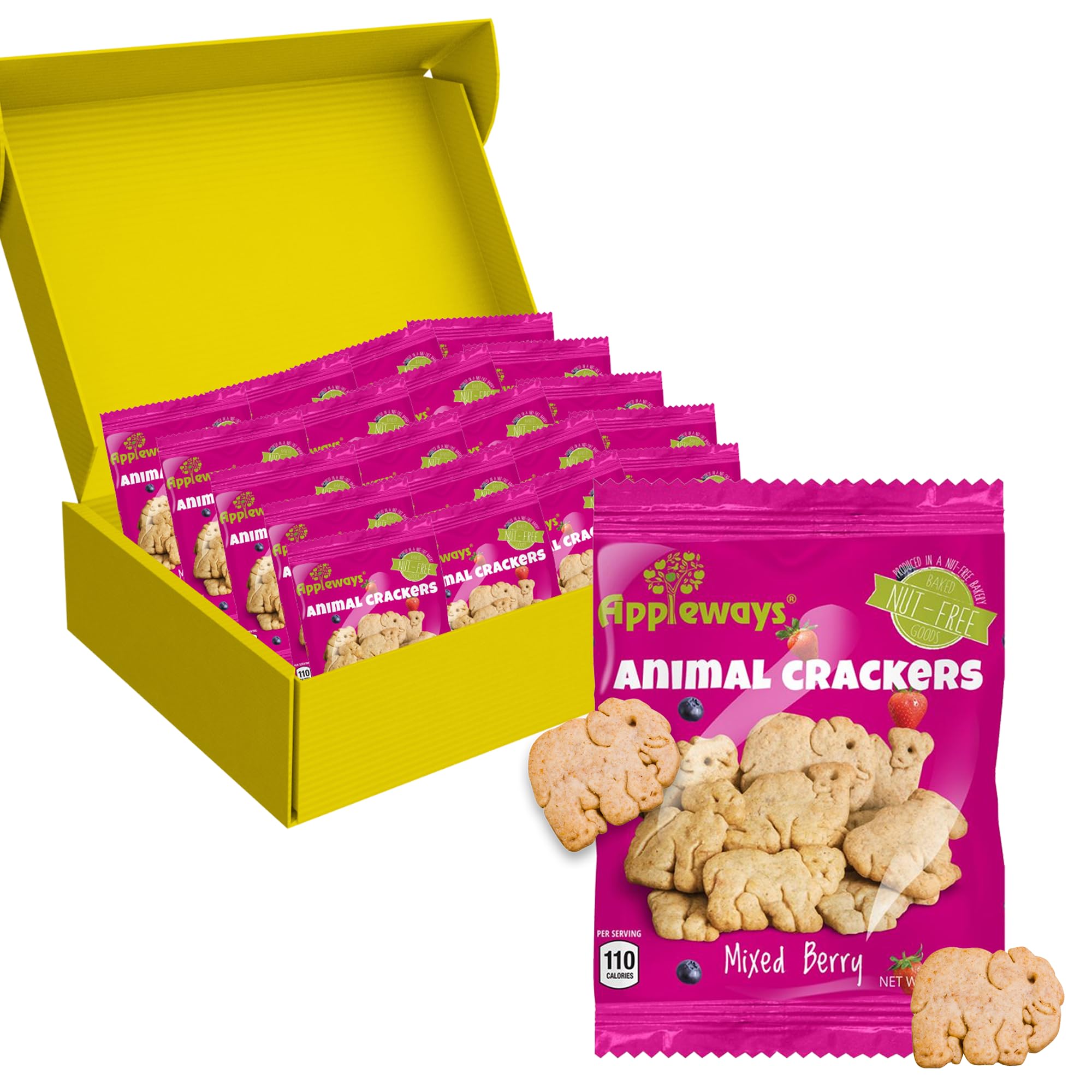 Appleways Mixed Berry Animal Crackers Snack Packs, 0.9 oz, 20 Count - Crispy Whole Grain Crackers, Individually Wrapped Snacks for School, Office