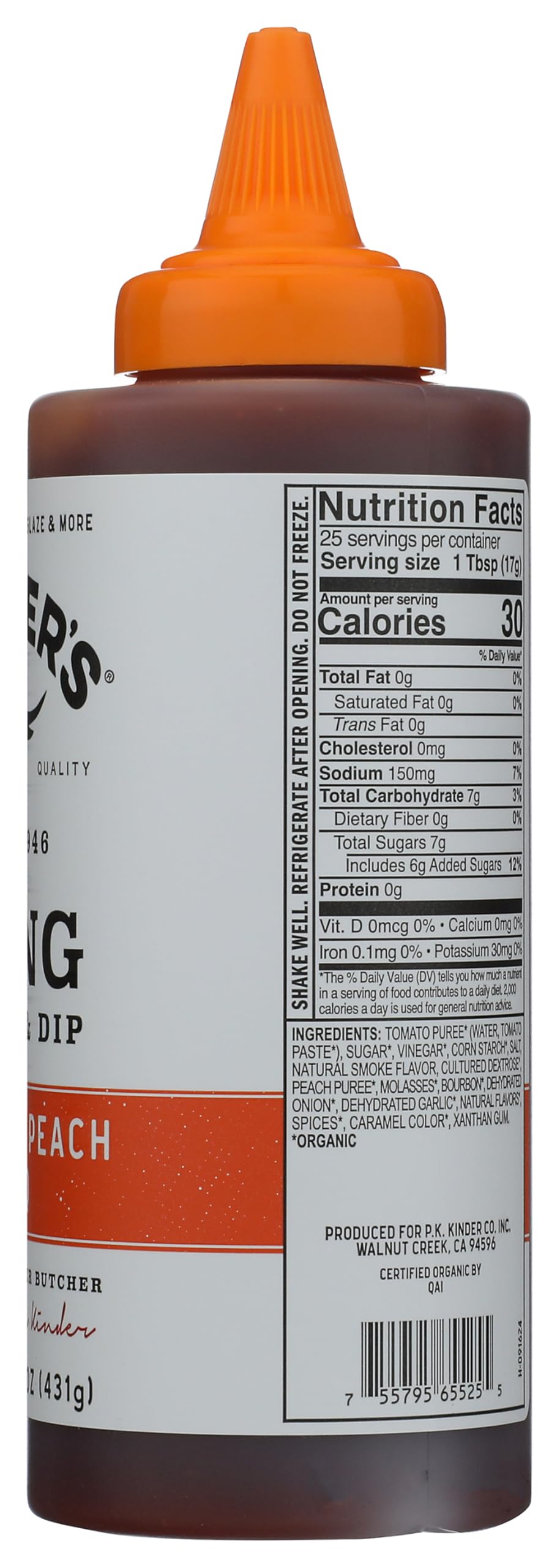 Kinders Organic Bourbon Peach BBQ Wing Sauce, 15.2 OZ