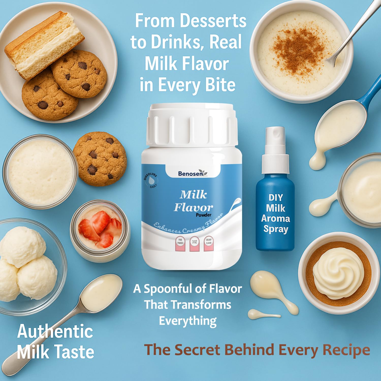 Benosen Milk Flavor Powder, Vegan Non-Dairy Dairy-Like Flavoring for Baking Coffee Milk Tea & Desserts, Food-Grade, Allergen-Free, Long Shelf Life, 3