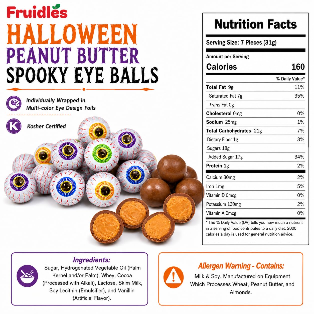 1 Pound Halloween Peanut Butter Spooky Eye Balls, Trick-Or-Treat Party Bag Fillers, Individually Wrapped in Multi-color Eye Design Foils, Kosher
