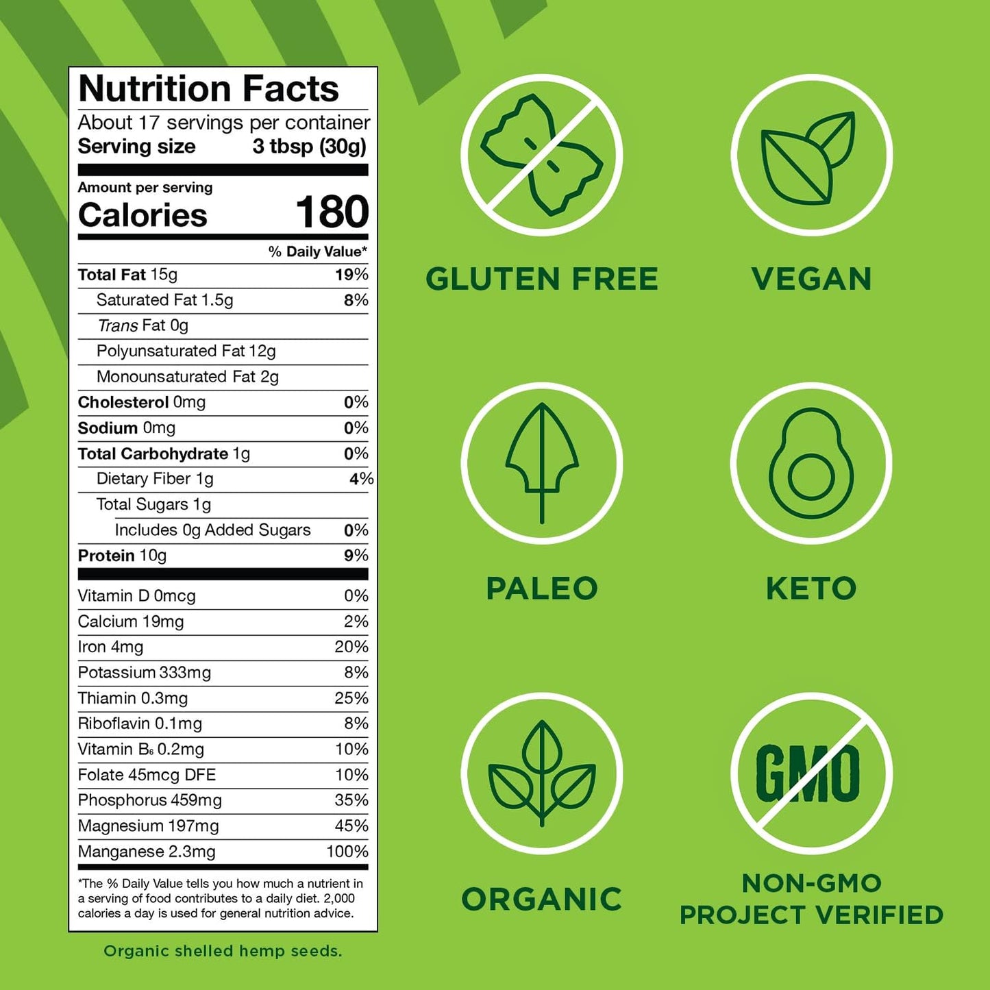 Manitoba Harvest Organic Hemp Seeds, 18oz, 10g Plant Based Protein and 12g Omega 3 & 6 per Srv, smoothies, yogurt & salad, Non-GMO, Vegan, Keto