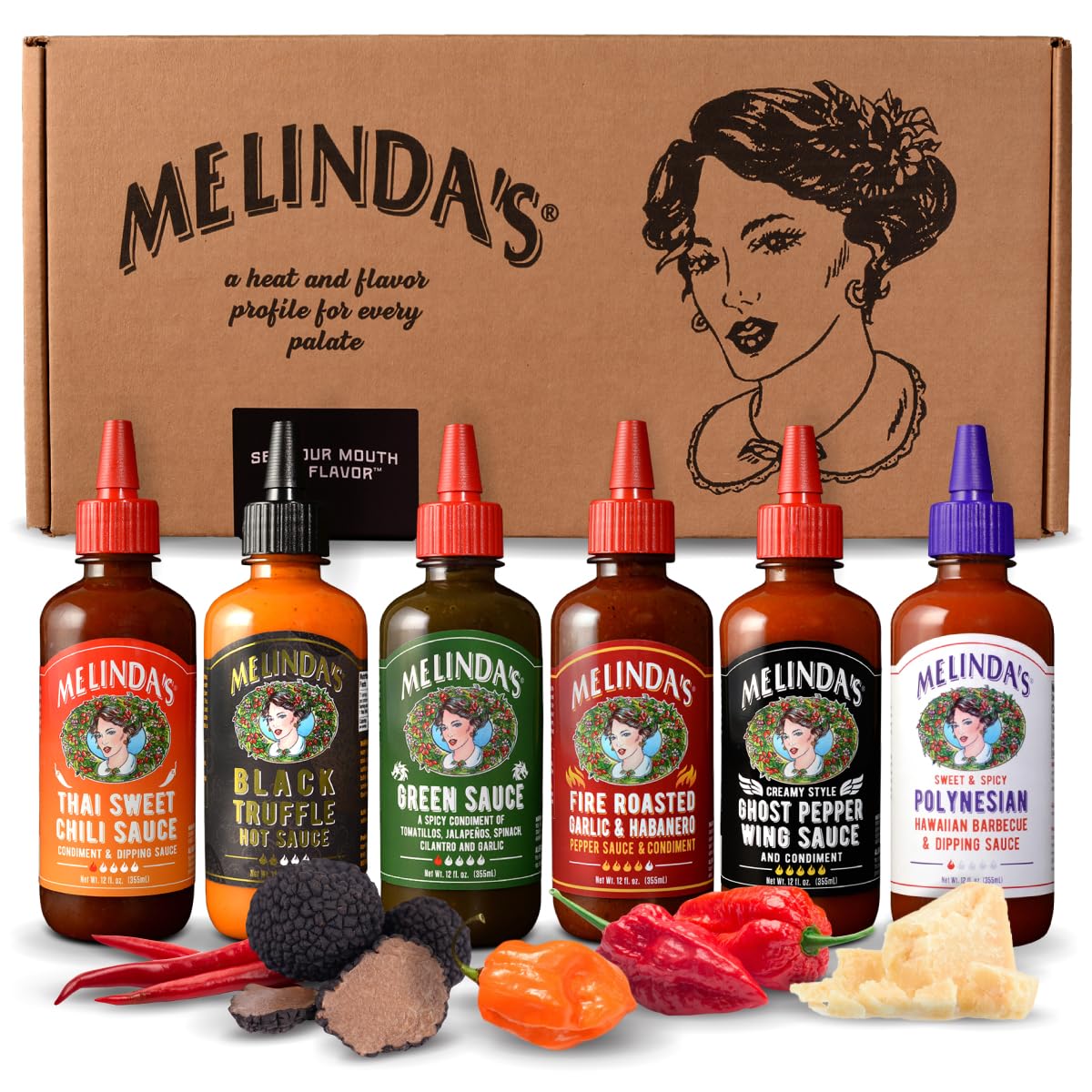 Melinda’s - A Taste of Melinda’s Collection - Craft Pepper Sauce and Condiment Gift Set - Includes Black Truffle, Thai Sweet Chili, Roasted Garlic