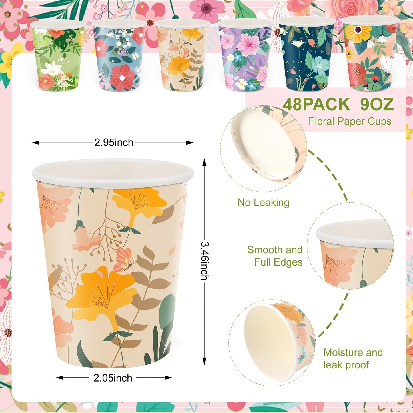 Disposable Paper Cup 9oz 48 Pcs - 6 Unique Floral Designs Drinking Cup, Perfect for Spring Birthday Parties, Easter, Bridal Showers, Weddings, Tea