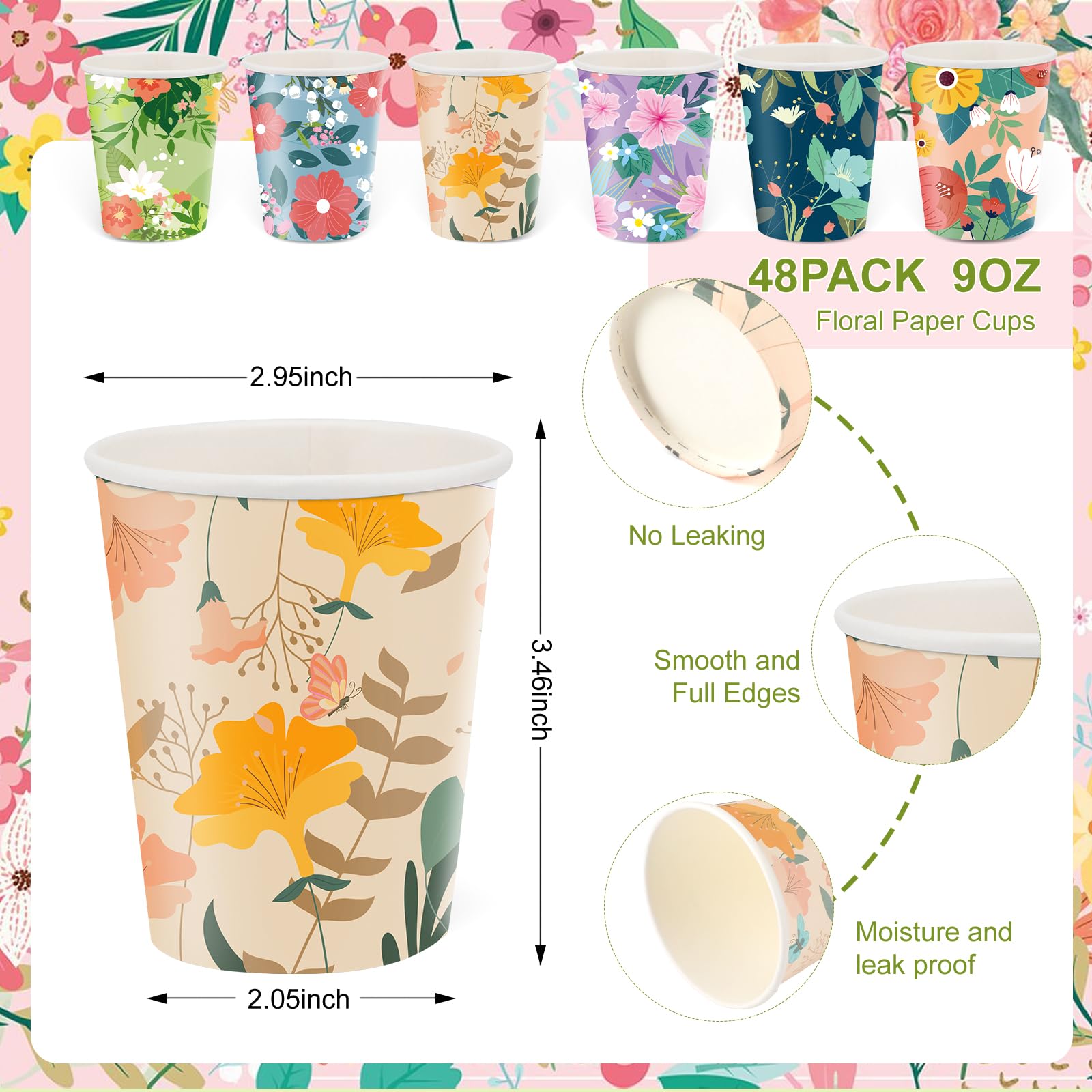 Disposable Paper Cup 9oz 48 Pcs - 6 Unique Floral Designs Drinking Cup, Perfect for Spring Birthday Parties, Easter, Bridal Showers, Weddings, Tea