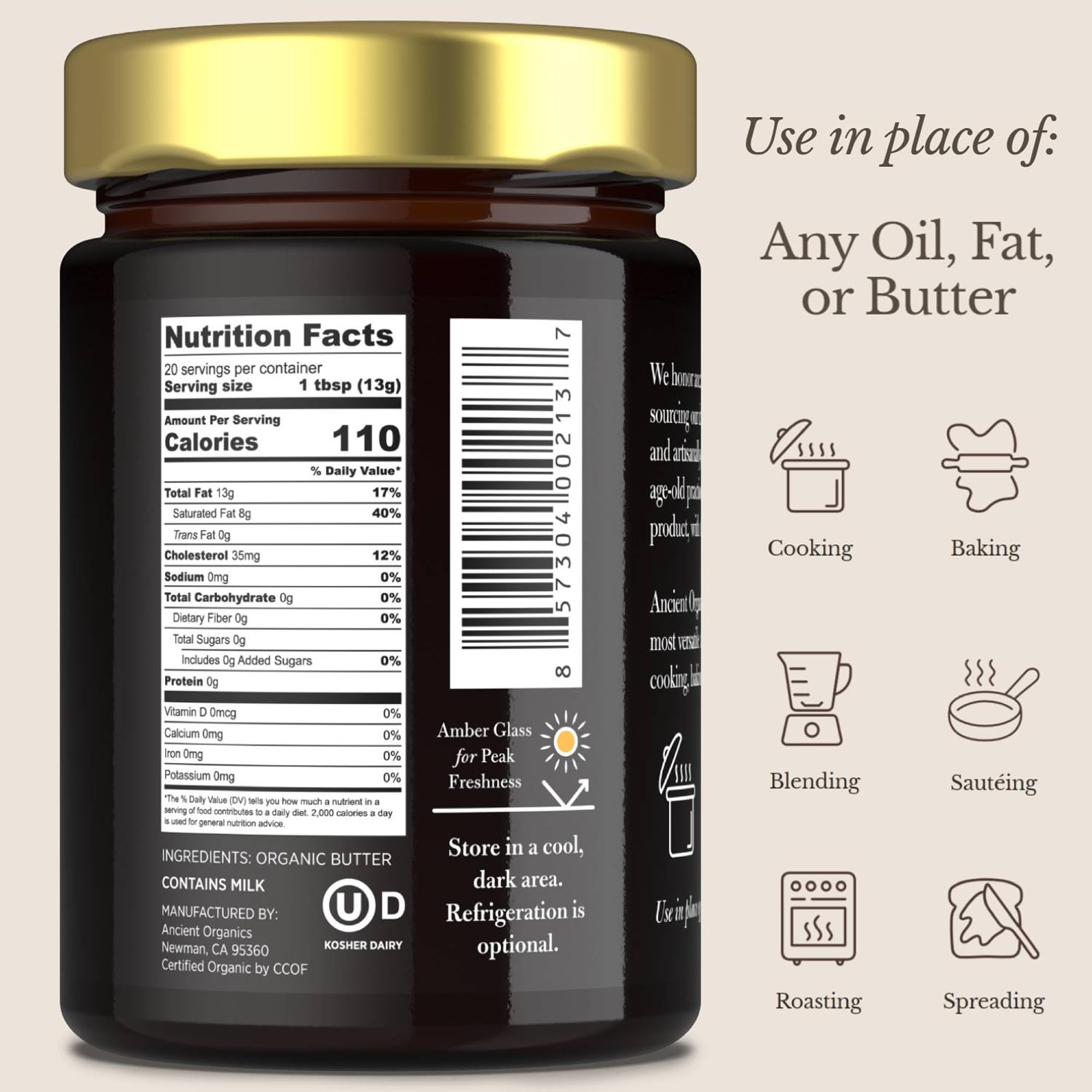Ancient Organics Ghee - Organic Grass Fed Ghee Butter, Gluten Free, Clarified Butter, Vitamins & Omegas, Lactose Reduced, Kosher, USDA Certified - 9