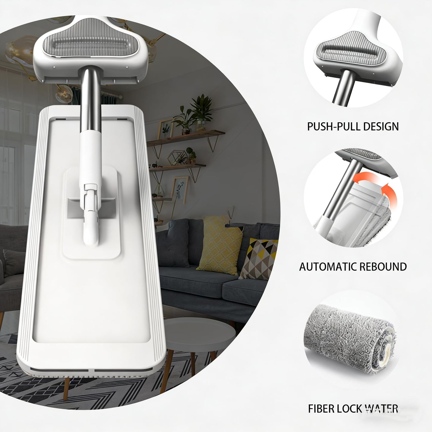 Hands-Free Self Wringing Flat Mop - Microfiber Floor Cleaning Tool with Washable Pads, Scrub Brush, Squeegee (1 Mop+6 Pads+1 Brush+1 Glass Wiper)