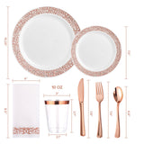 FOCUSLINE 350 Ct Rose Gold Dinnerware Set for 50 Guests, Rose Gold Lace Plastic Plates Disposable Heavy Duty, Including 50 Dinner & Dessert Plates
