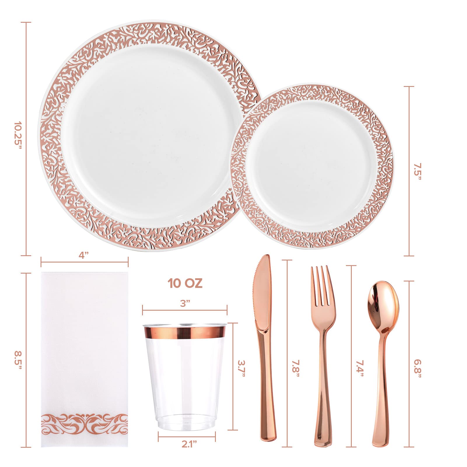 FOCUSLINE 350 Ct Rose Gold Dinnerware Set for 50 Guests, Rose Gold Lace Plastic Plates Disposable Heavy Duty, Including 50 Dinner & Dessert Plates