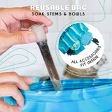 nugbuddy Glass Cleaning Kit - Reusable Silicone Accessories - Complete Kit to Clean your Piece, Just Add Cleaner - Reusable Soaker Bag, Brushes, Mat
