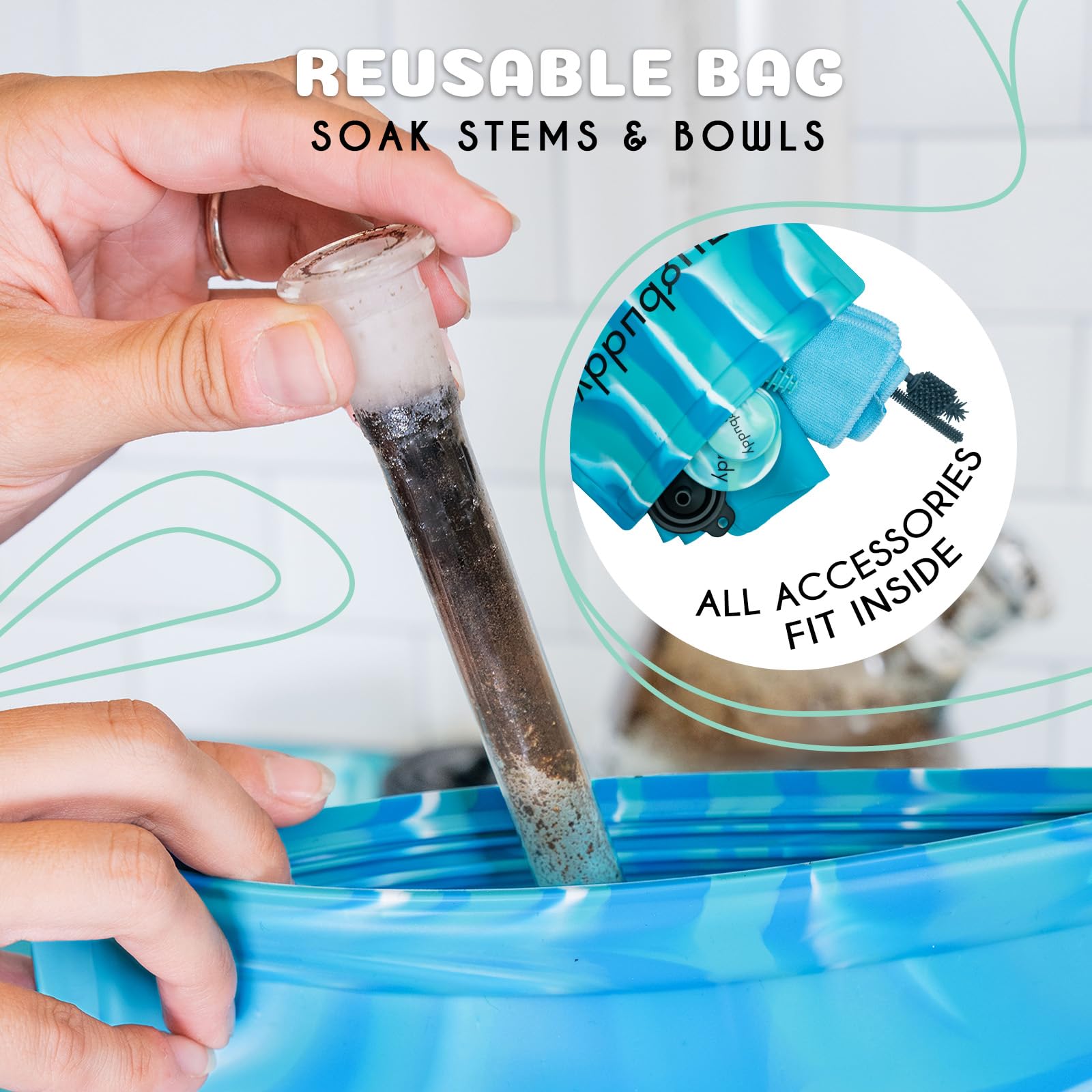 nugbuddy Glass Cleaning Kit - Reusable Silicone Accessories - Complete Kit to Clean your Piece, Just Add Cleaner - Reusable Soaker Bag, Brushes, Mat