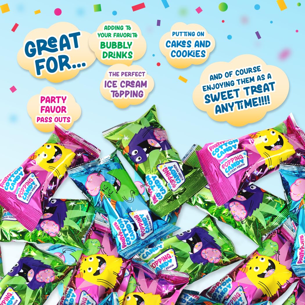 PartyPuffs Cotton Candy Variety Pack with Tutti Frutti Popping Candy - 12 Individually Wrapped .5oz Bags - Watermelon & Green Apple Flavors - Fun
