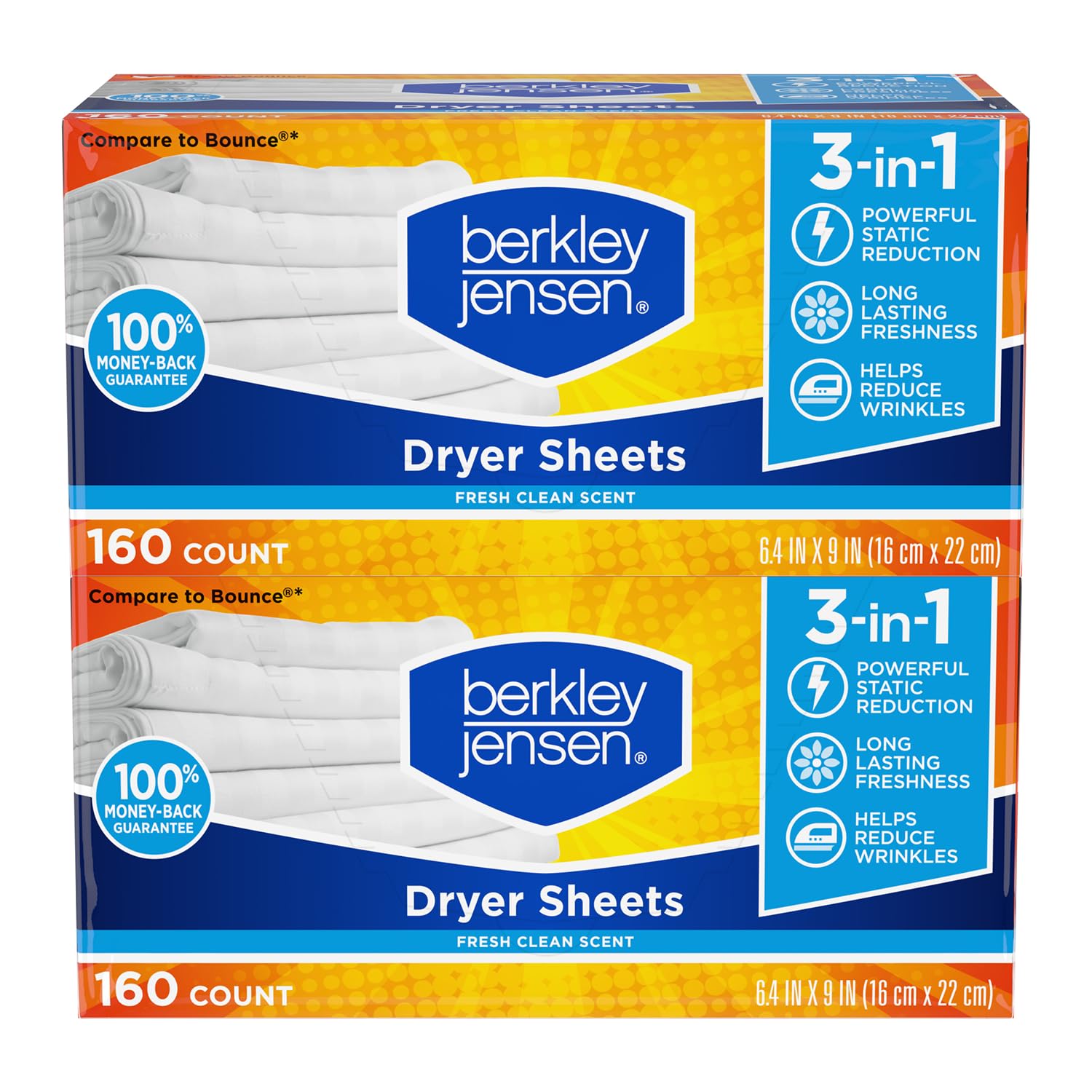 Berkley Jensen Soft and Fresh Dryer Sheets, 320 Sheets (Pack of 2, 160ct Each) - 3-in-1 Anti Static Wrinkle Release Scented Dryer Sheets - Ideal