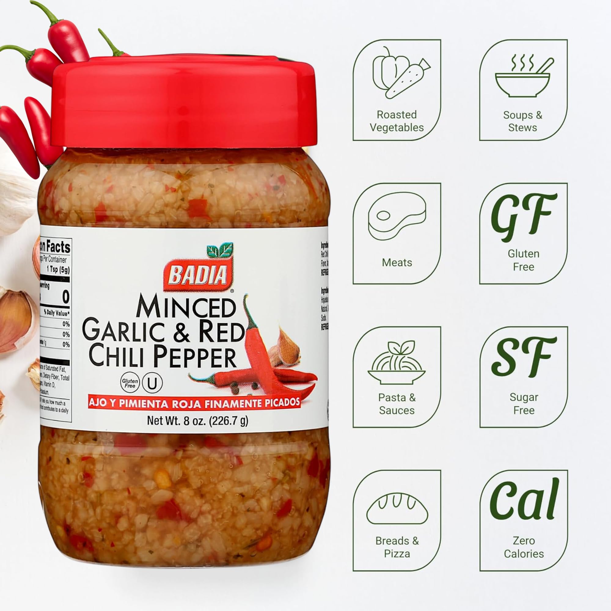 Badia Minced Garlic & Red Chili Pepper 8 oz - Spicy Savory Blend with Garlic and Crushed Red Pepper Flakes