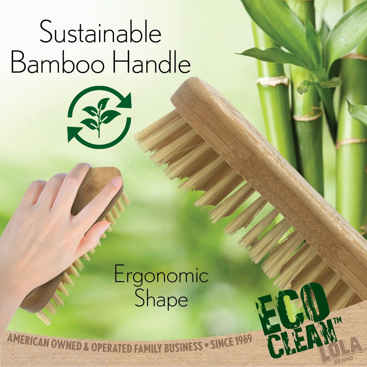 LOLA Bamboo Scrub Brush for Cleaning, Ergonomic Sustainable Durable Poly Bristles Made from Recycled Soda/Water Bottles Easy Hang Hole 1 Pack