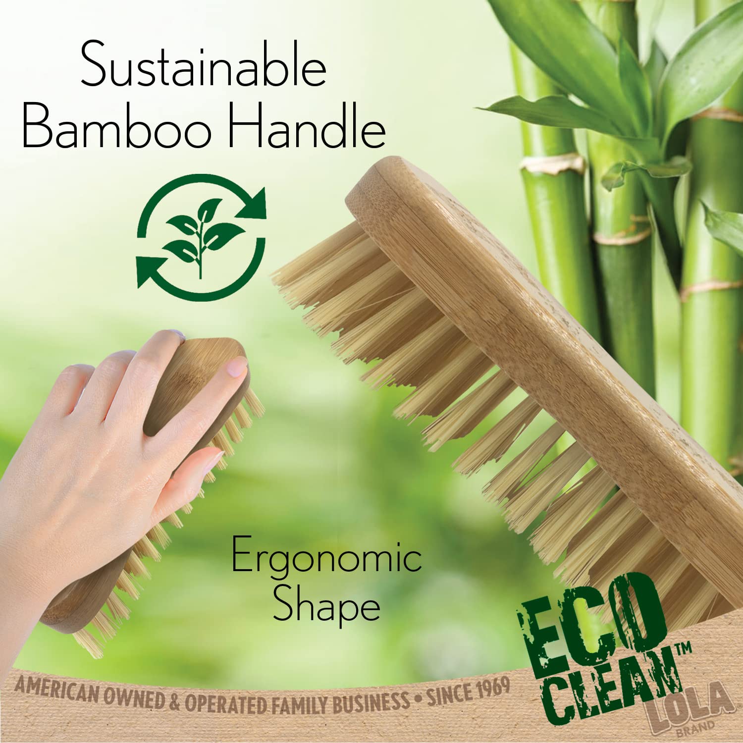 LOLA Bamboo Scrub Brush for Cleaning, Ergonomic Sustainable Durable Poly Bristles Made from Recycled Soda/Water Bottles Easy Hang Hole 1 Pack