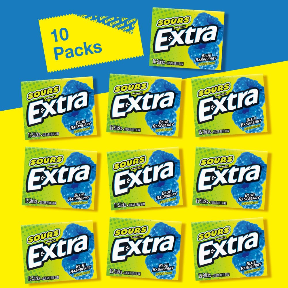 EXTRA SOURS Blue Raspberry Sugar Free Chewing Gum, Sour Candy Bulk Gum Packs, 15 Stick Pack, 10 Count