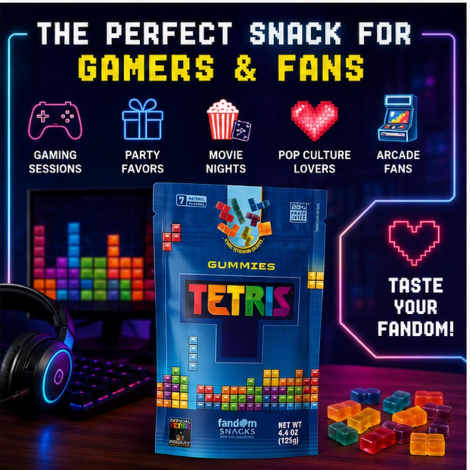 Fandom Snacks TETRIS™ Gummies, 4.4 oz - Officially Licensed TETRIS Candy, 7 Natural Flavors, Made with 20% Fruit Juice Concentrate, Tetrimino Shapes