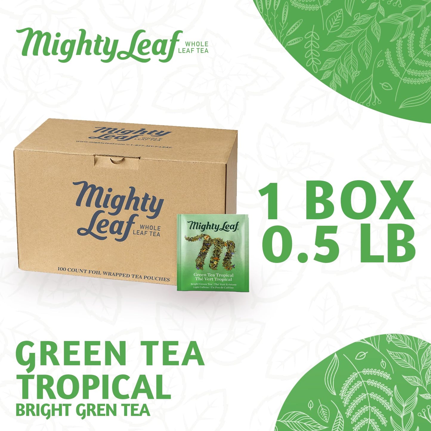 Mighty Leaf Green Tea Tropical - 100 Count Whole Leaf Green Tea Bags - Pyramid Sachets with Pineapple, Tropical Fruit & Floral Flavors