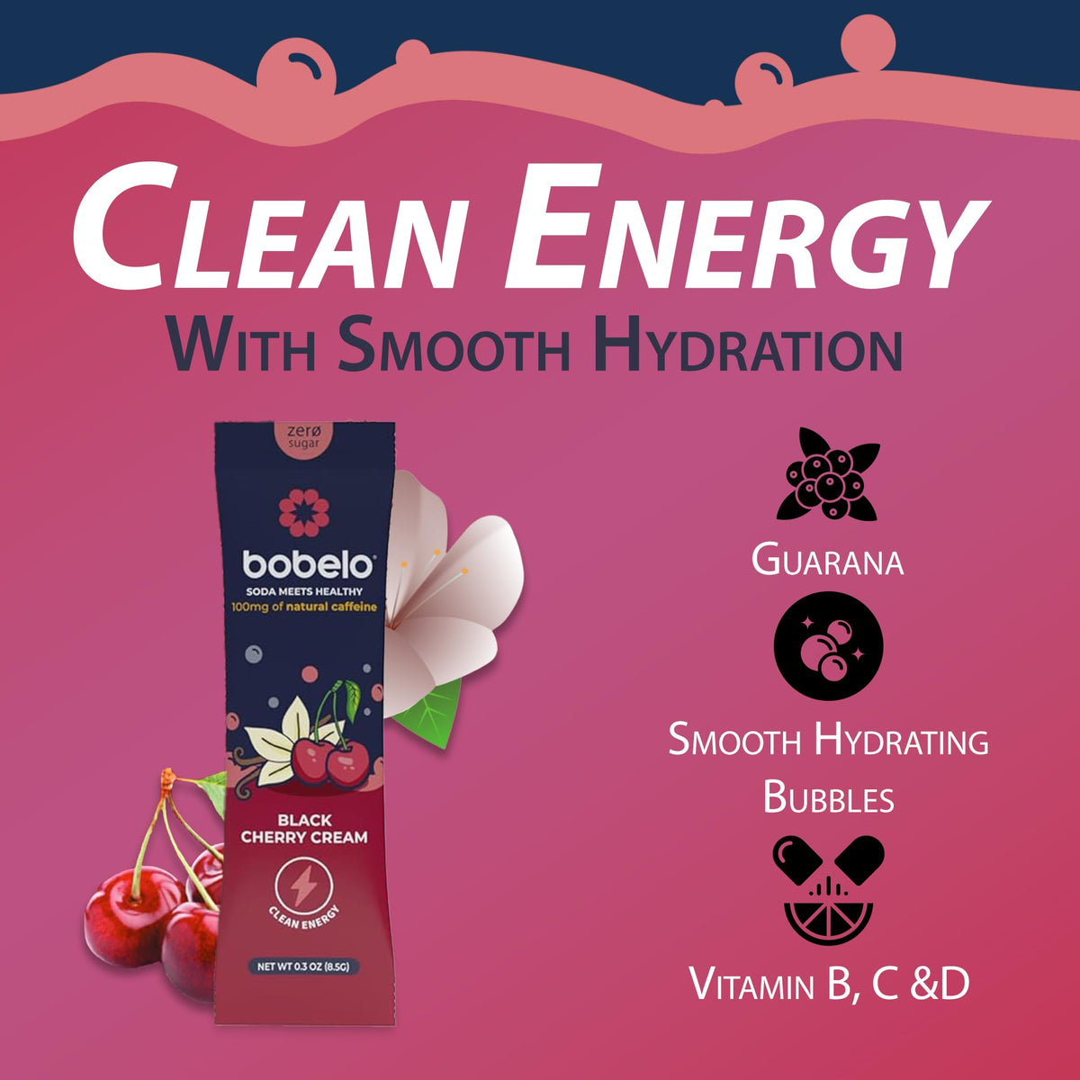 Bobelo Self-Carbonating Energy Drink Mix, Black Cherry Cream, 15 Packs