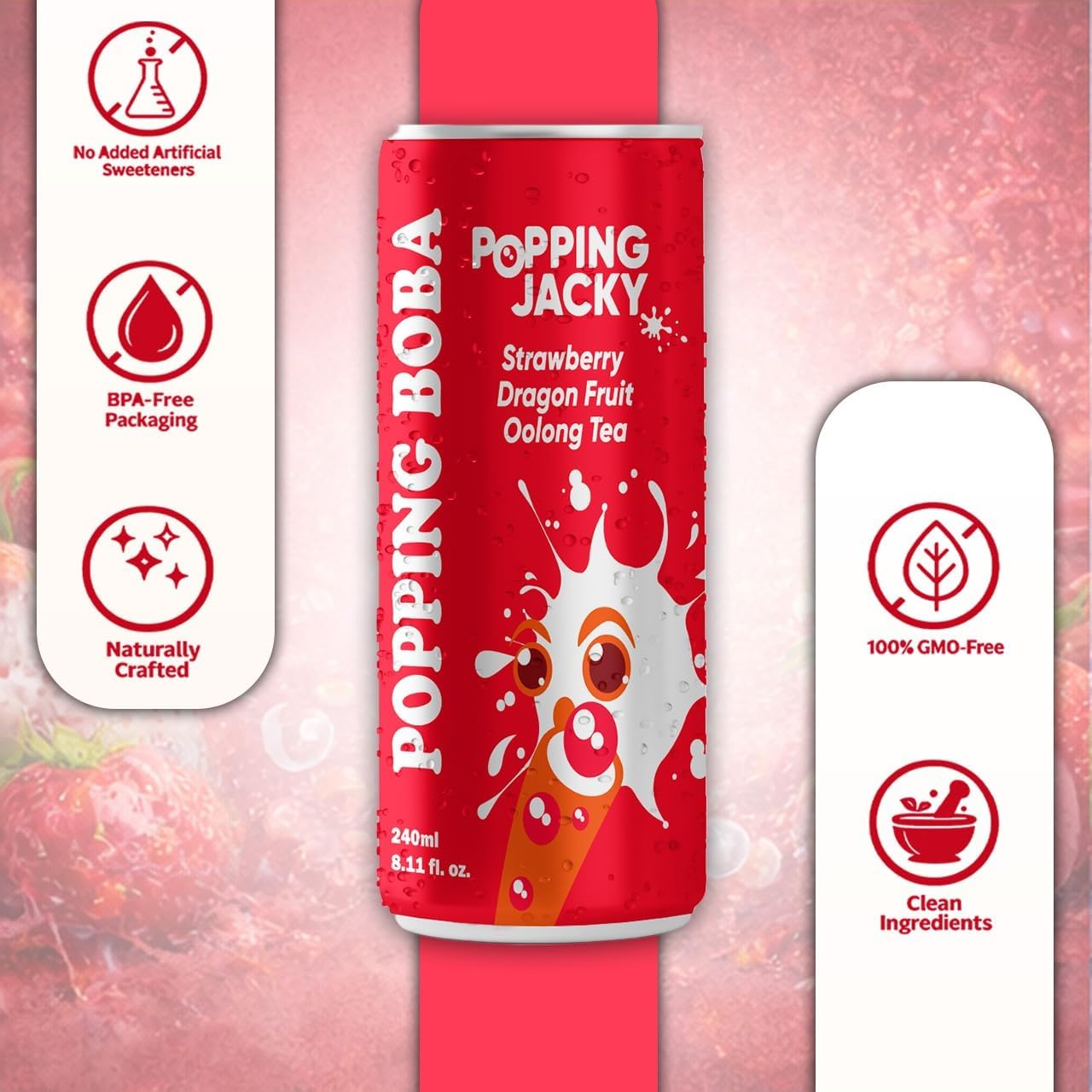 Popping Jacky Boba Tea Drink (Pack of 12) with Popping Boba Pearls - Ready to Drink Bottled Bubble Tea - Strawberry Dragon Fruit Oolong Fruit Tea