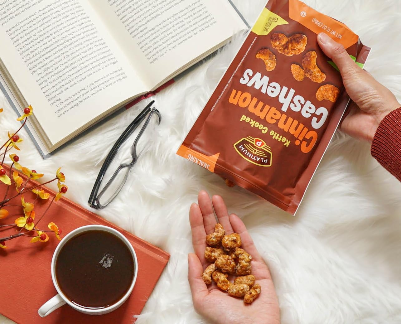 Platinum Kettle Cooked Cinnamon Cashews - Plant Based Protein, Fiber, Healthy Snack - Sweet & Spicy Flavors - Can Bring at Home, Work, Office, Gym