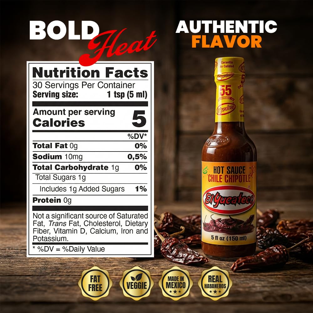 El Yucateco Chile Chipotle Hot Sauce, Authentic Mexican Chili Sauce, Bold Flavor, 5 fl oz, Pack of 2