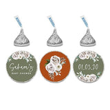 Andaz Press Sage Green with Cream Floral Blossoms Fall Baby Shower Party Collection, Personalized Chocolate Drop Label Stickers Trio, Custom Name