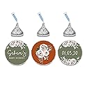 Andaz Press Sage Green with Cream Floral Blossoms Fall Baby Shower Party Collection, Personalized Chocolate Drop Label Stickers Trio, Custom Name