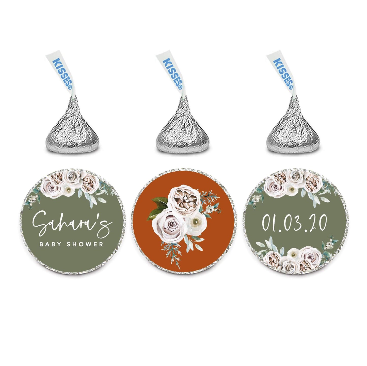 Andaz Press Sage Green with Cream Floral Blossoms Fall Baby Shower Party Collection, Personalized Chocolate Drop Label Stickers Trio, Custom Name