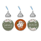 Andaz Press Sage Green with Cream Floral Blossoms Fall Baby Shower Party Collection, Personalized Chocolate Drop Label Stickers Trio, Custom Name