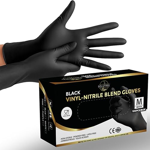Solutrel Black Vinyl-Nitrile Disposable Gloves, 4.5mil - 100 Count, Latex & Powder-Free, For Salon, Cleaning, Food Prep, & More (100 Count per Box